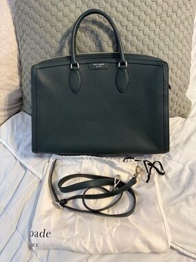 Kate Spade Forest Green Pebbled Leather Laptop Bag with Strap